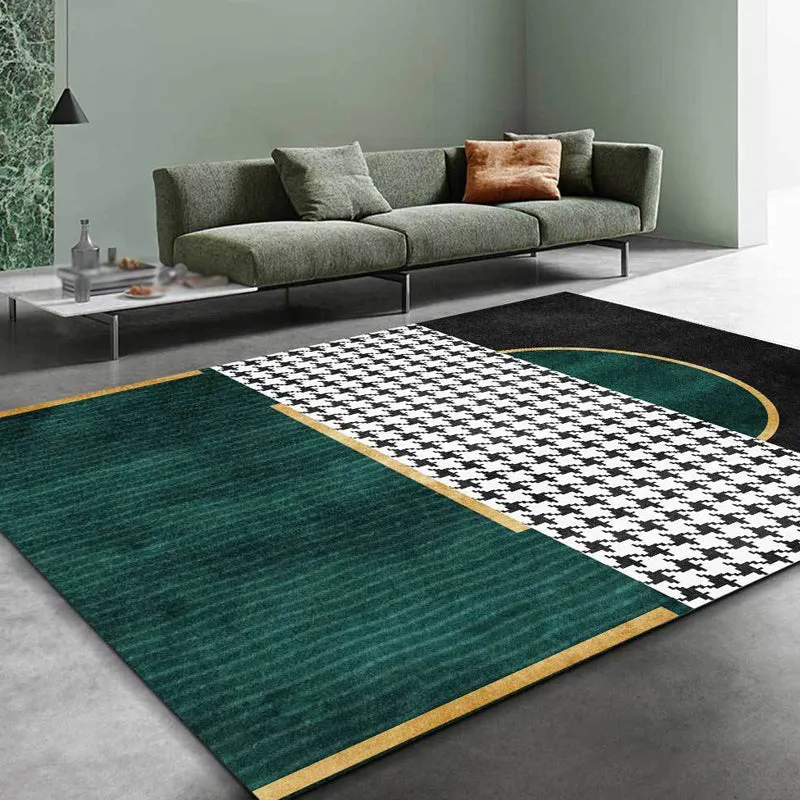 Tappeto da soggiorno verde Tappeto modernista con motivo geometrico e pied de poule Supporto antiscivolo lavabile polieste...