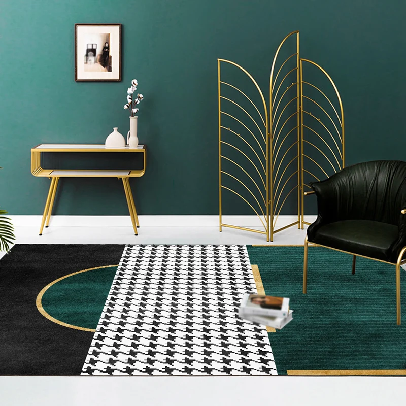Tappeto da soggiorno verde Tappeto modernista con motivo geometrico e pied de poule Supporto antiscivolo lavabile polieste...