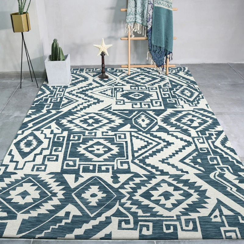 Tappeto tribale del sud-ovest con motivo geometrico blu e bianco Tappeto poliestere per animali domestici per la decorazio...