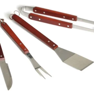 Set 4 Utensili per Barbecue Acciaio e Legno