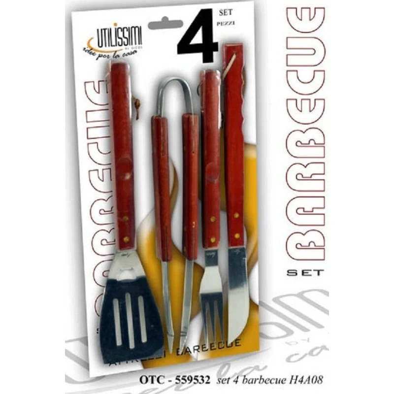 Set 4 Accessori Per Barbecue Con Manico Legno