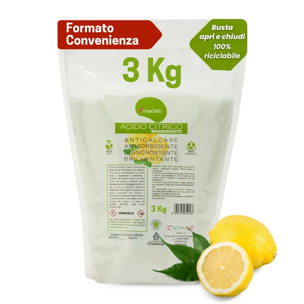 Acido Citrico 3kg per Pulizia Polvere Cura Lavastoviglie e Lavatrice, Azione Disincrostante e Anticalcare per Bagno, Casse...