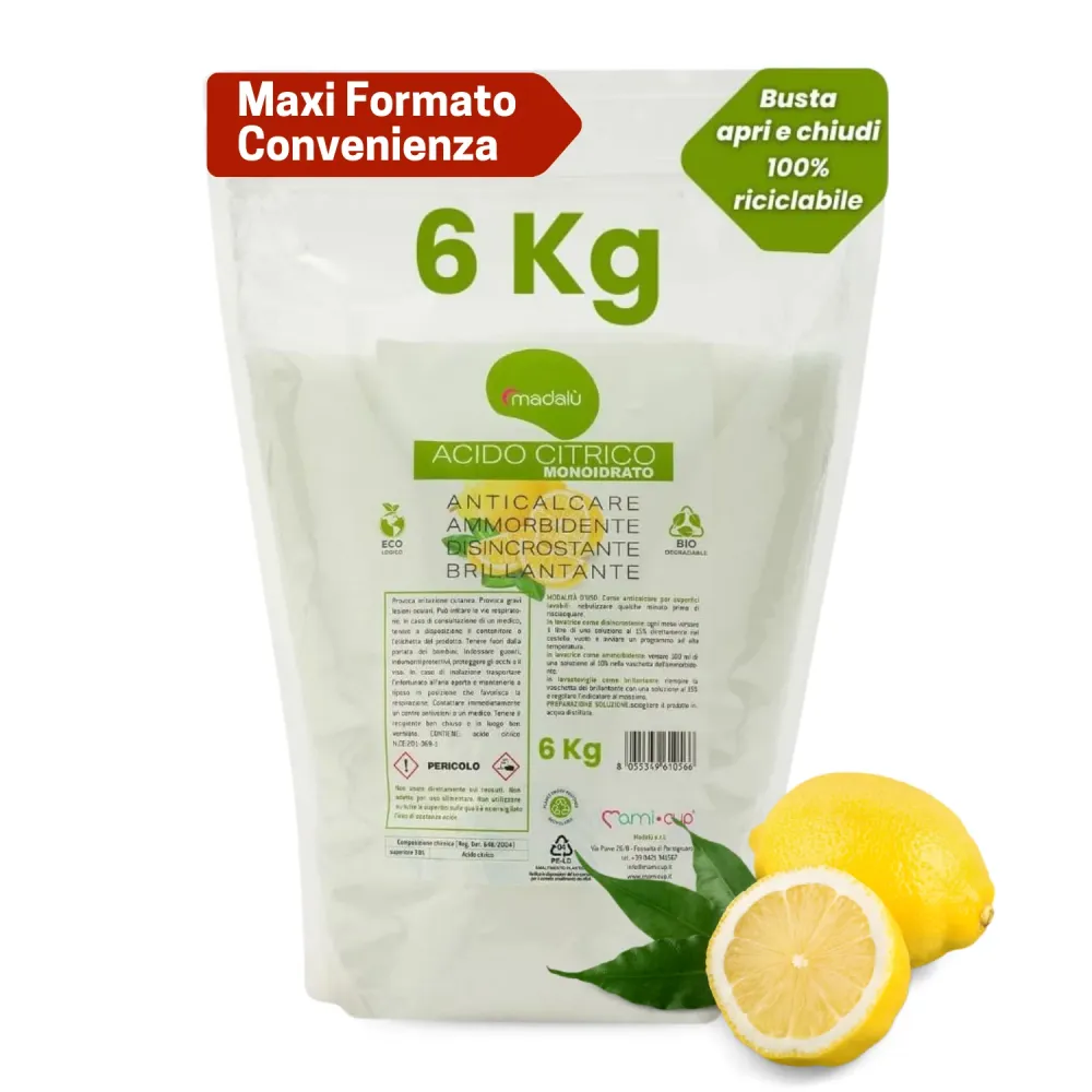Acido Citrico 6 kg per Pulizia Polvere Cura Lavastoviglie e Lavatrice, Azione Disincrostante e Anticalcare per Bagno, Cass...