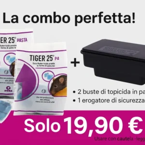 Combo: 2 buste veleno per topi pasta da 150g e 1 erogatore di sicurezza per esche.
