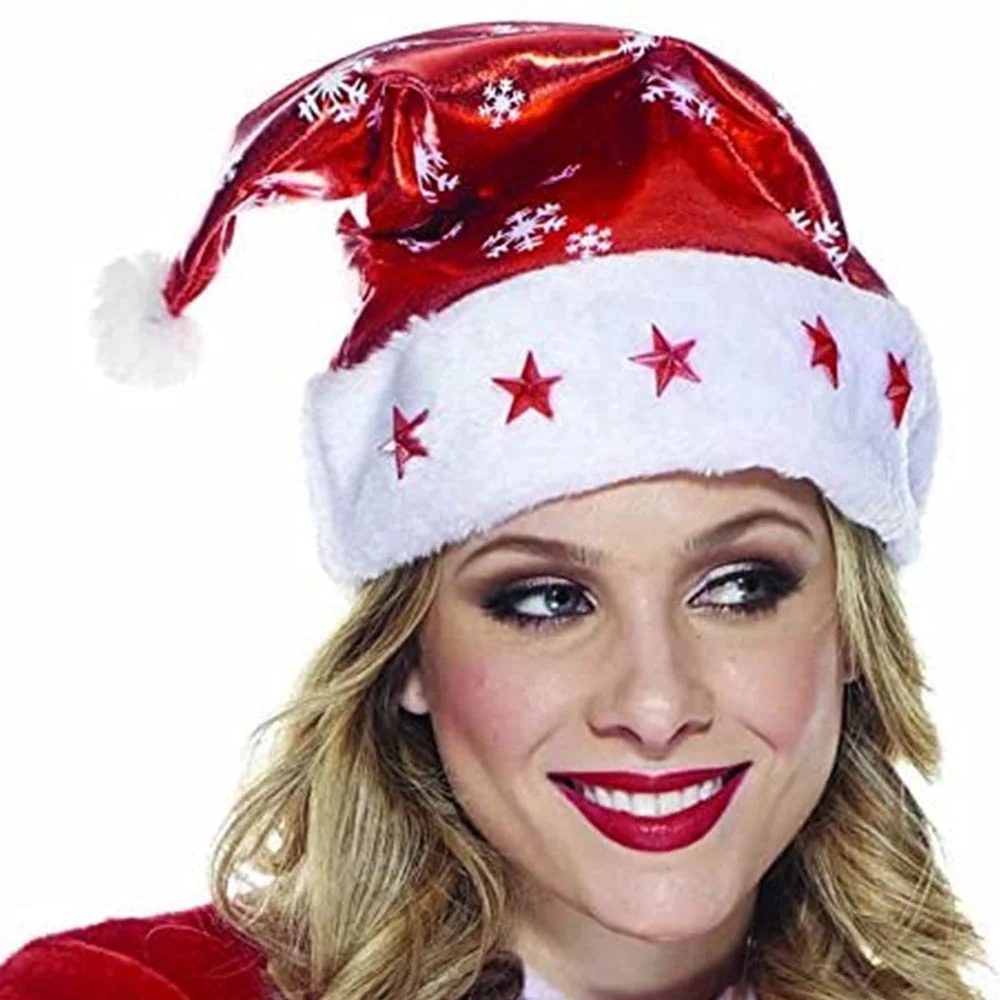 Cappello Babbo Natale Lurex con Luci LED Taglia Unica Decorazioni Fiocco Neve