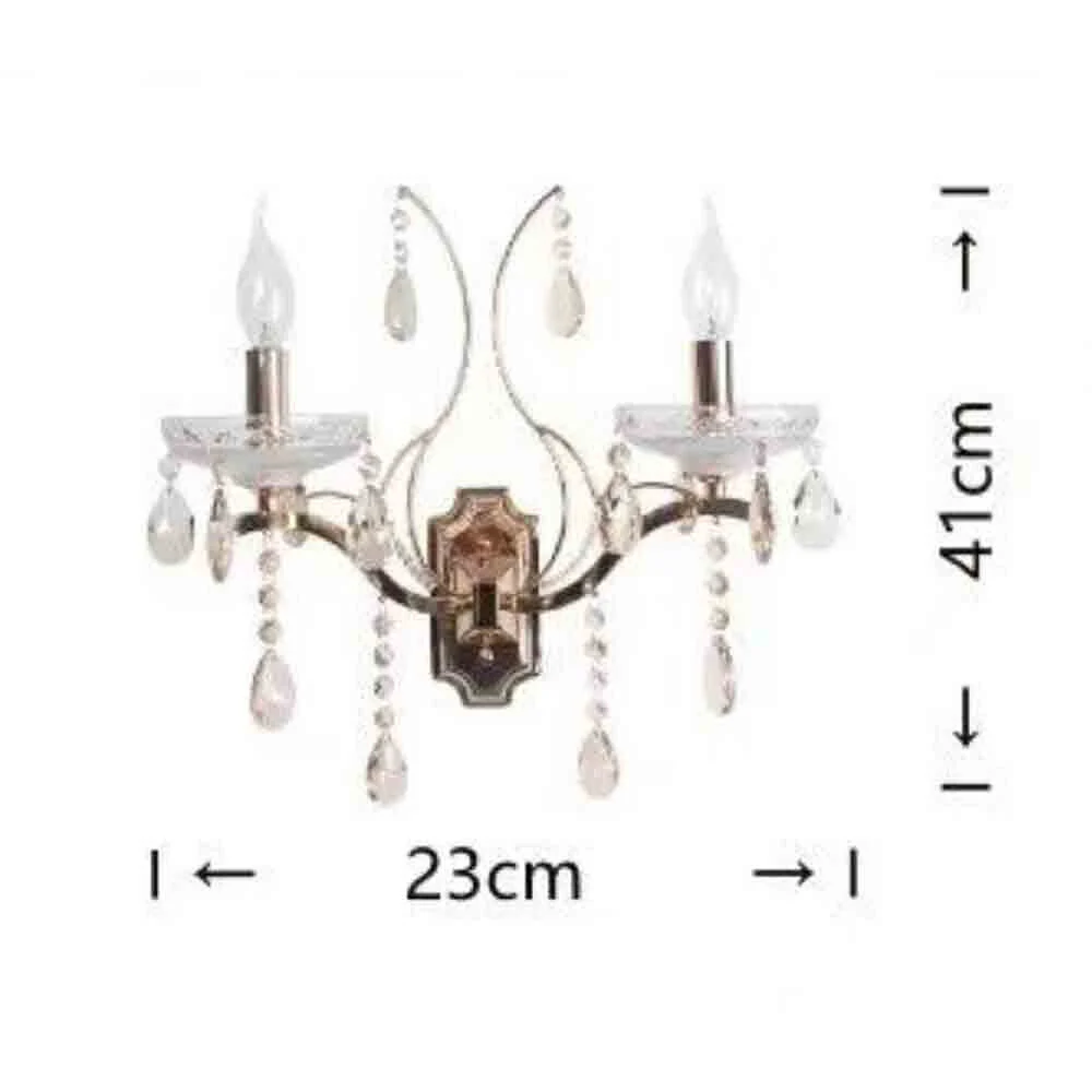 Applique candelabro 2 bracci da parete con pendenti gocce E14 oro