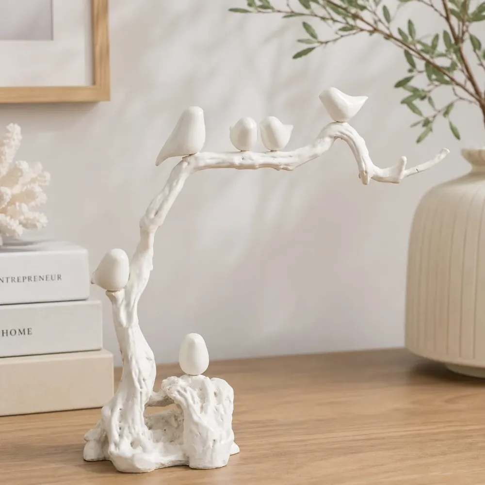Scultura Uccelli Resina Bianca Decorativa su Ramo