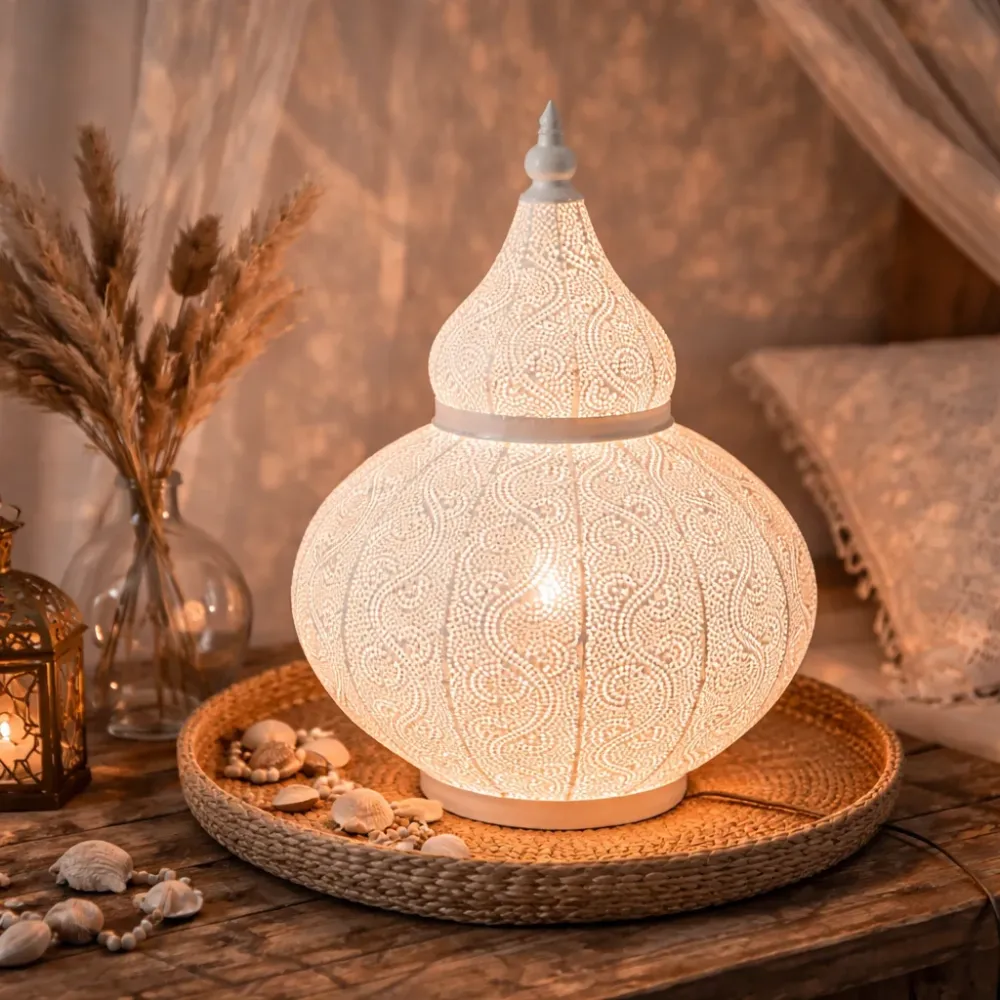 Lampada Metallo Traforato Bianca Decorativa Stile Orientale
