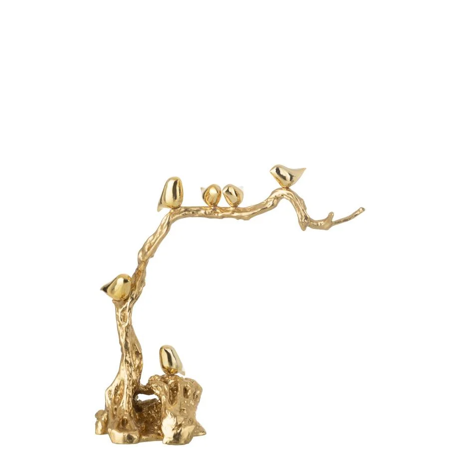 Scultura Uccelli Resina Oro Decorativa su Ramo