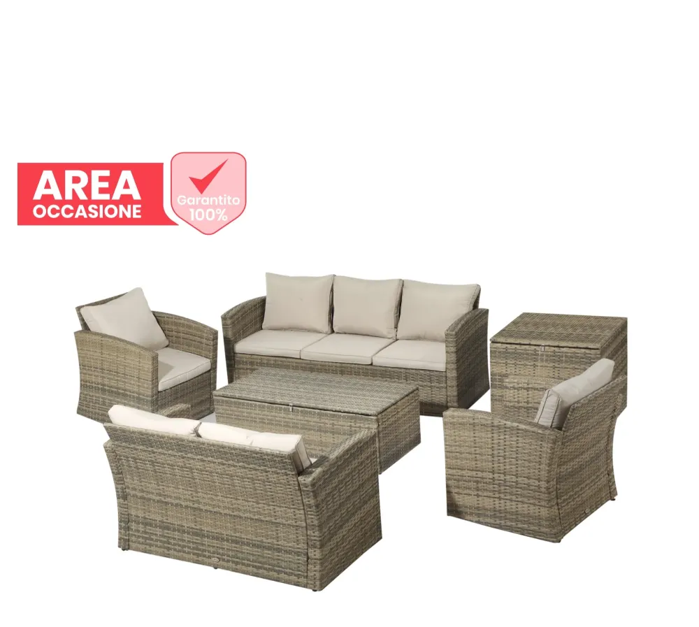 AREA OCCASIONI 2511 Easycomfort Set da Giardino 6 Pezzi Rattan con Divani, Poltrone e Tavoli Contenitore, Beige