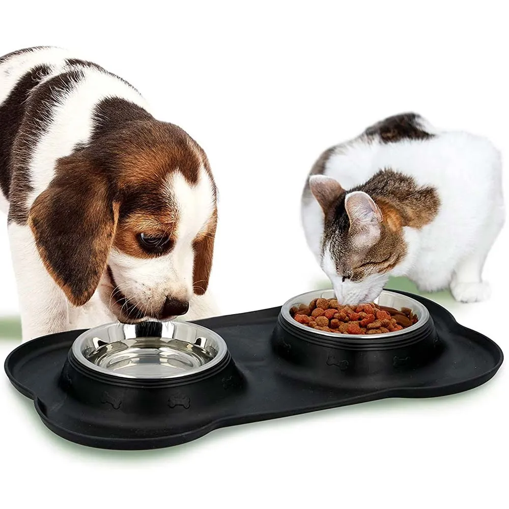 Set 2 Ciotole Cani e Gatti Acciaio con Base Tappeto Gomma per Animali