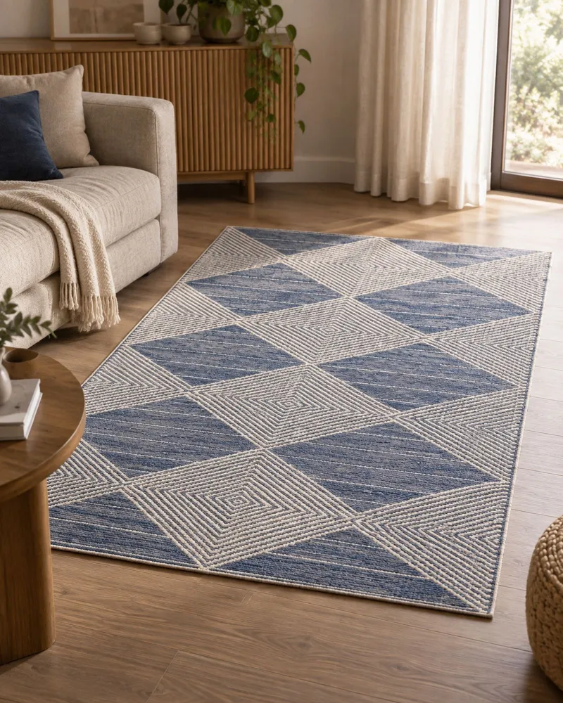 Tappeto lana camoscio chiaro e blu 140 x 200 cm DATCA