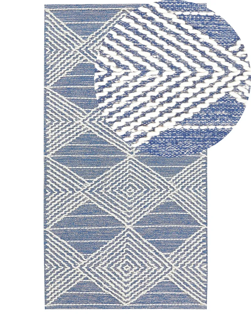 Tappeto lana crema chiaro e blu 80 x 150 cm DATCA