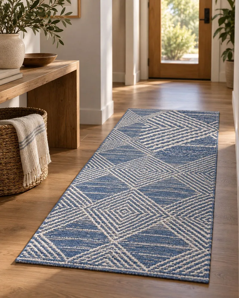 Tappeto lana crema chiaro e blu 80 x 150 cm DATCA