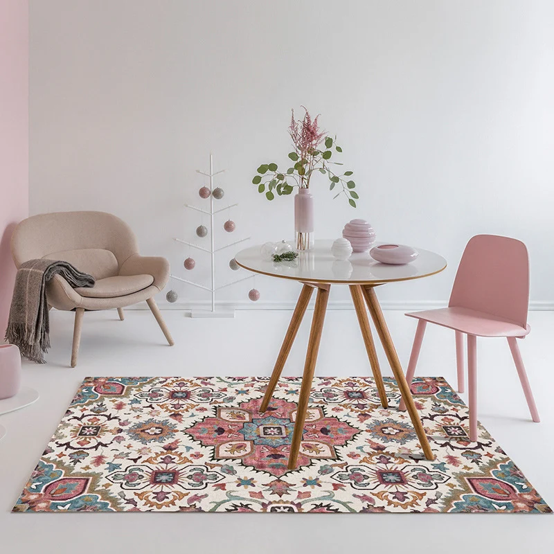 Tappeto mediterraneo rosa Tappeto poliestere con motivo floreale e medaglione Tappeto lavabile con supporto antiscivolo pe...