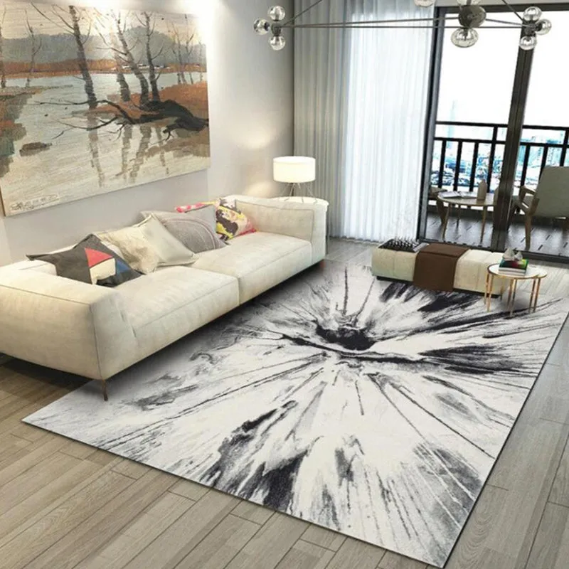 Tappeto da soggiorno contemporaneo bianco Tappeto con stampa di pittura inchiostro astratta Tappeto poliestere lavabile co...