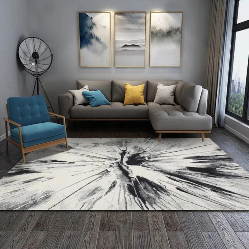 Tappeto da soggiorno contemporaneo bianco Tappeto con stampa di pittura inchiostro astratta Tappeto poliestere lavabile co...