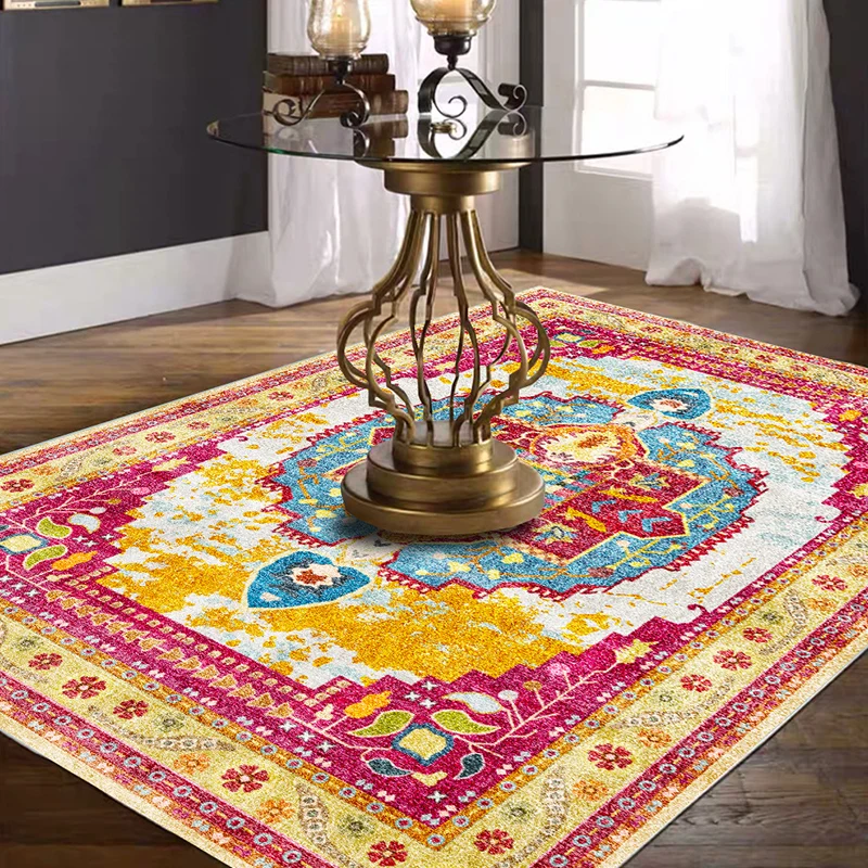 Tappeto da soggiorno marocchino giallo e rosa Tappeto con stampa geometrica foglie di fiori medaglione Tappeto con support...