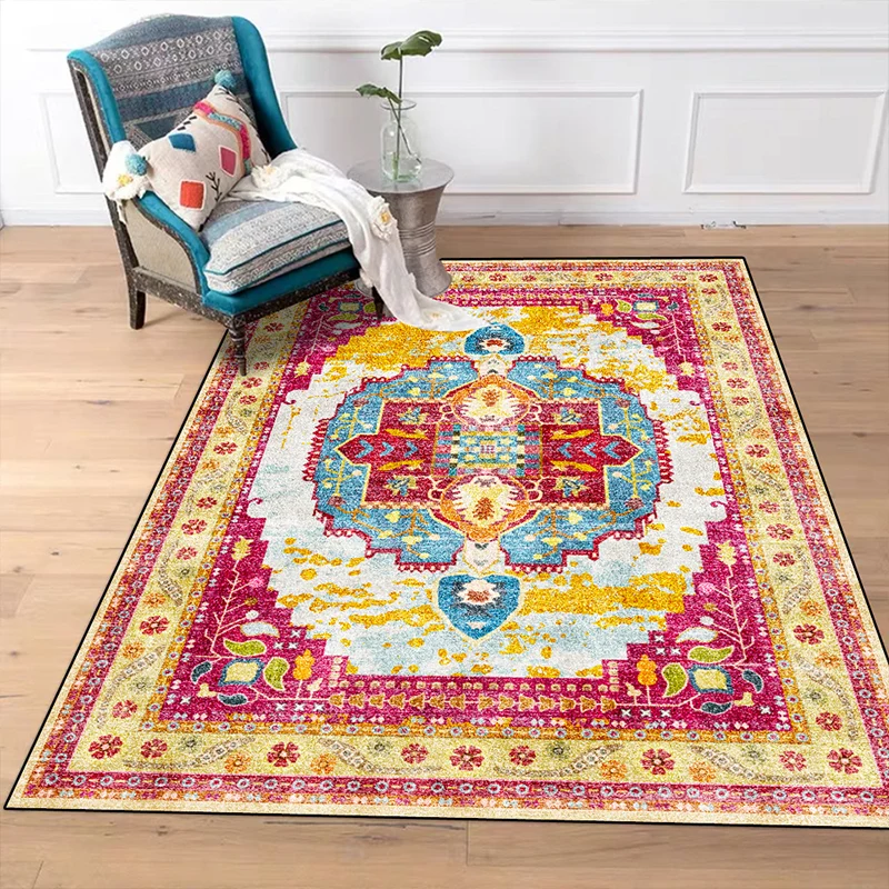 Tappeto da soggiorno marocchino giallo e rosa Tappeto con stampa geometrica foglie di fiori medaglione Tappeto con support...