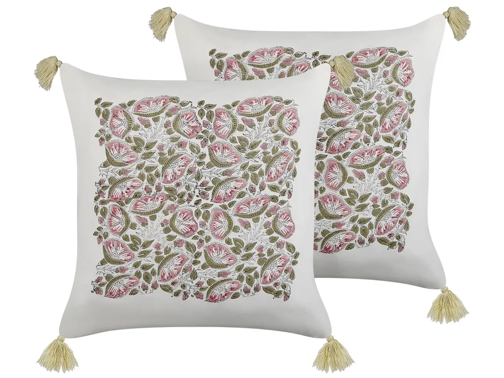 Set 2 Cotton Cushions Floral Pattern Tassels 45 x 45 cm Multicolour CARISSA