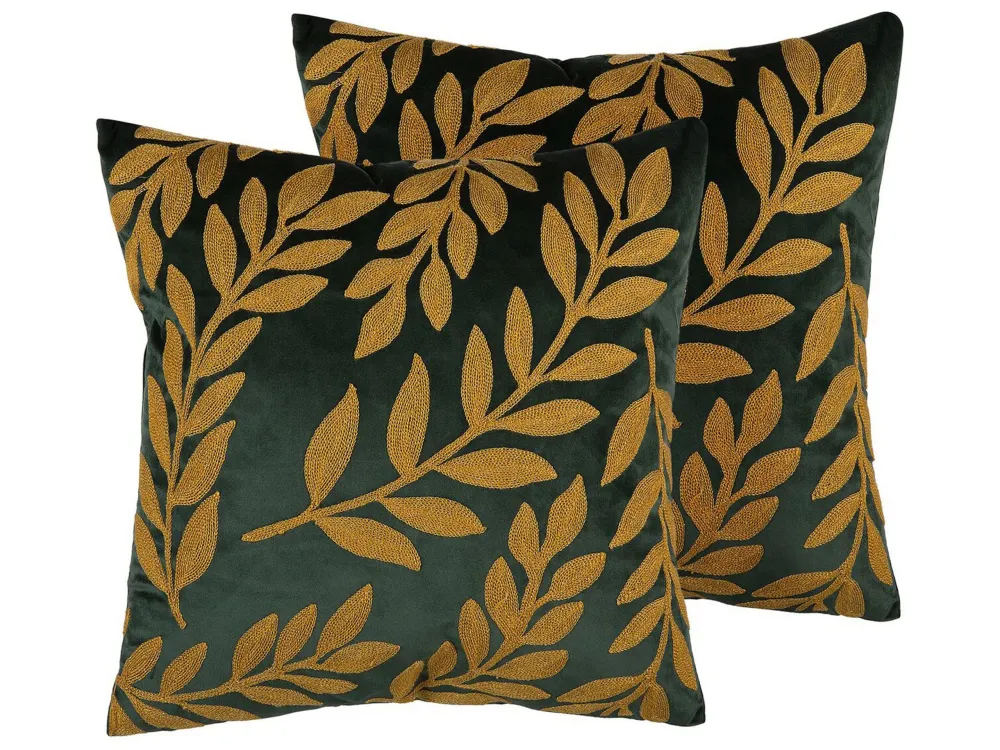 Set di 2 cuscini decorativi velluto motivo foglie 45x45cm verde smeraldo MISTLETOE