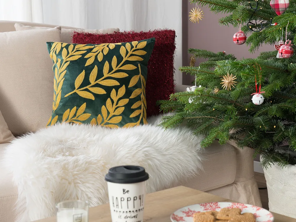 Set di 2 cuscini decorativi velluto motivo foglie 45x45cm verde smeraldo MISTLETOE