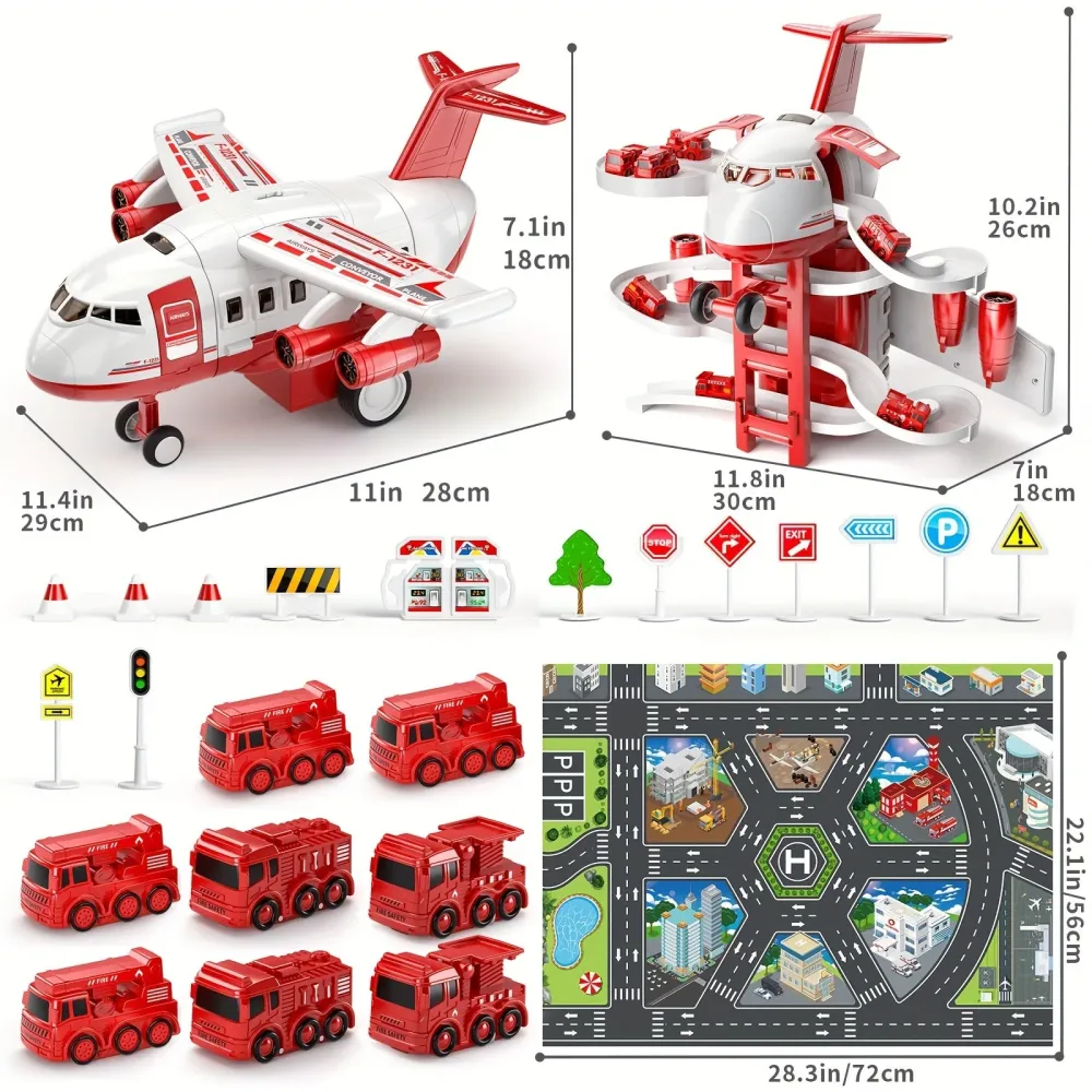 SkyRescue | Divertimento avventuroso - Set gioco aereo e camion dei pompieri con tappeto da gioco