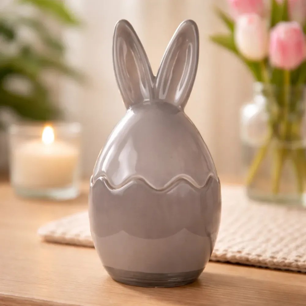 Barattolo Vetro Decorativo Pasquale Forma di Uovo conOrecchie Grigio – Ø9x17 cm