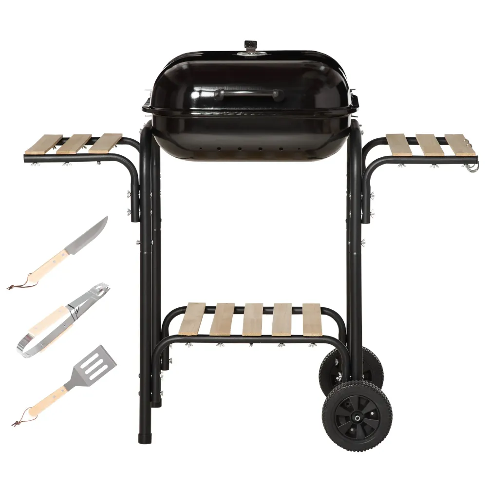 Barbecue Carbone con Coperchio con Ripiani e Utensili da Cucina Nero
