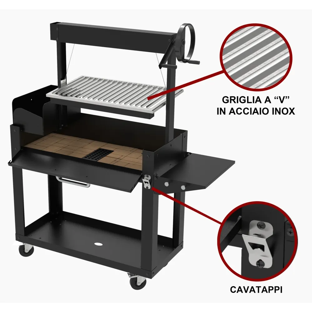 Barbecue Legna o Carbone "LNG" con Griglia Regolabile Manovella – Struttura Robusta con Mensola Ribaltabile e Portalegna