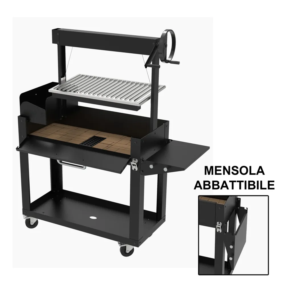 Barbecue Legna o Carbone "LNG" con Griglia Regolabile Manovella – Struttura Robusta con Mensola Ribaltabile e Portalegna
