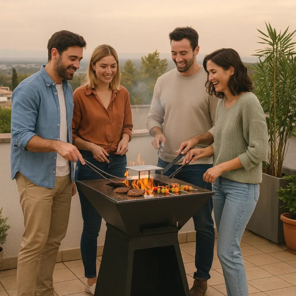 Barbecue Legna Quadrato Professionale con Braciere con mattoni refrattari, Plancha 72x72 cm, h 97cm 4 Ruote e Ampio Portal...
