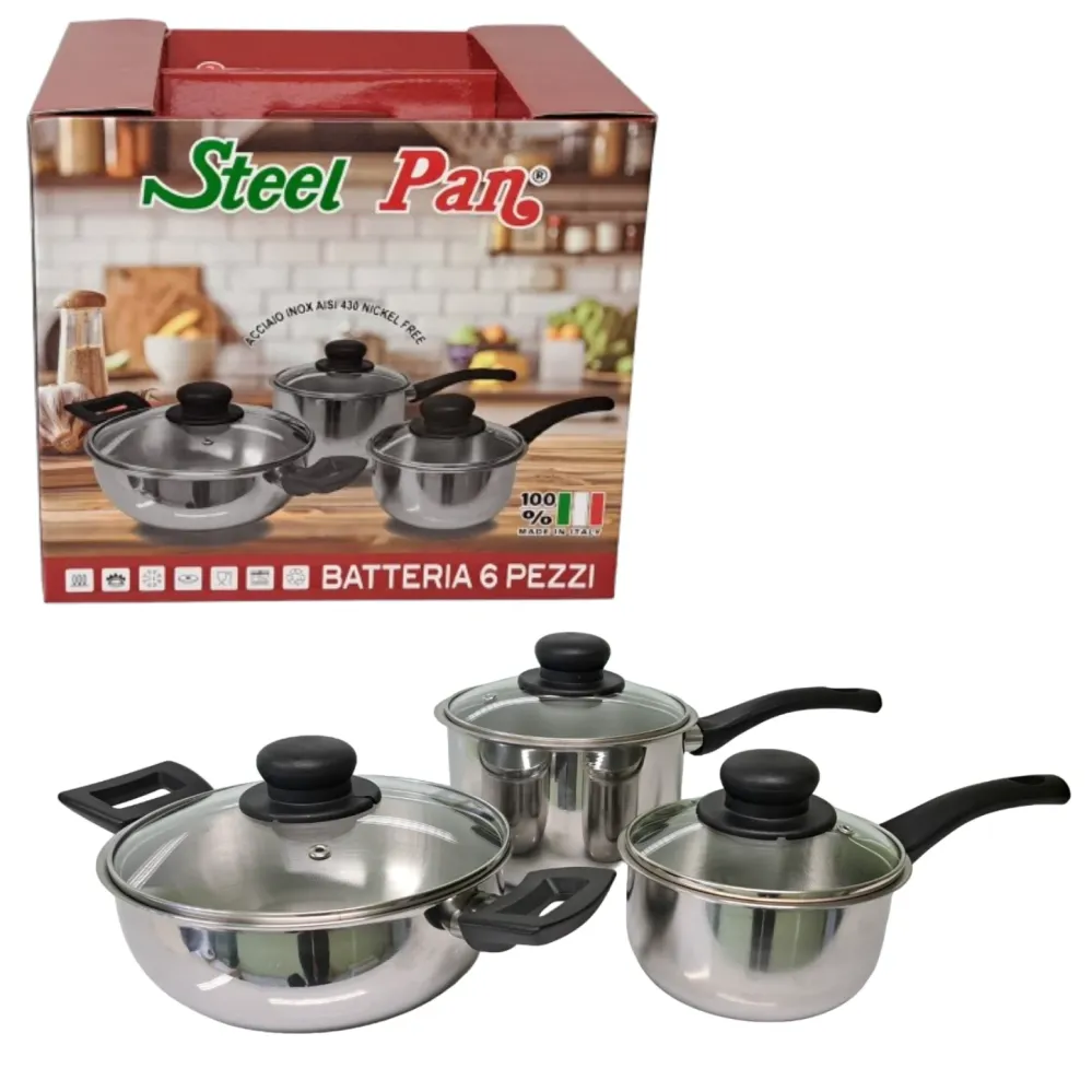 Batteria Pentole - Steel Pan - Acciaio Inox - 6pz - Made Italy