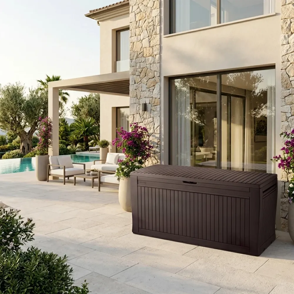 Baule contenitore Keter Comfy marrone 117x45 panca 220kg ruote lucchetto