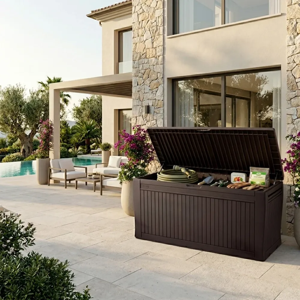 Baule contenitore Keter Comfy marrone 117x45 panca 220kg ruote lucchetto