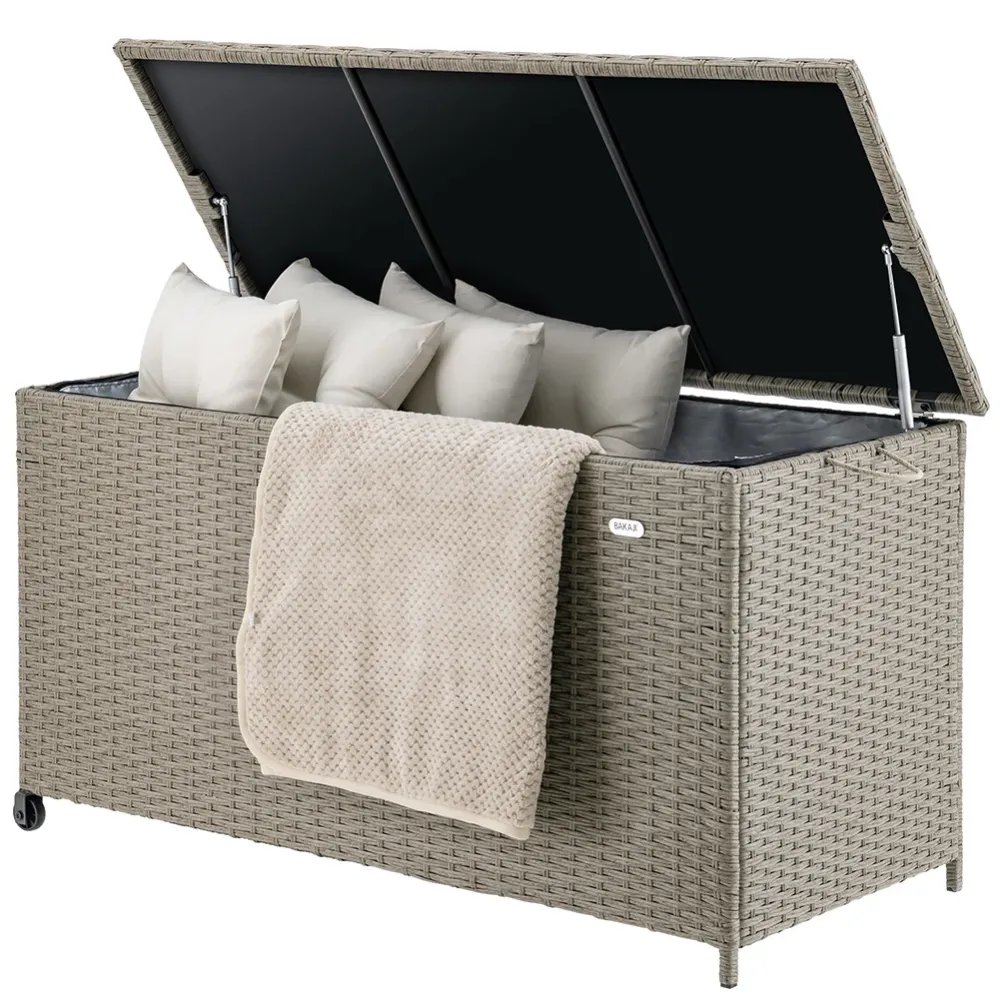 Baule Portaoggetti da Giardino Cassapanca Polyrattan Impermeabile 2 Ruote Crema