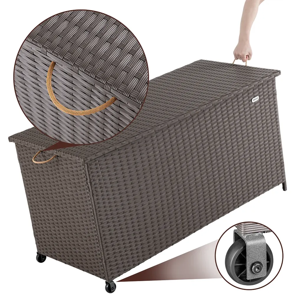 Baule Portaoggetti da Giardino Cassapanca Polyrattan Impermeabile 2 Ruote Marrone