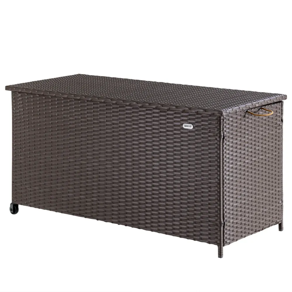 Baule Portaoggetti da Giardino Cassapanca Polyrattan Impermeabile 2 Ruote Marrone