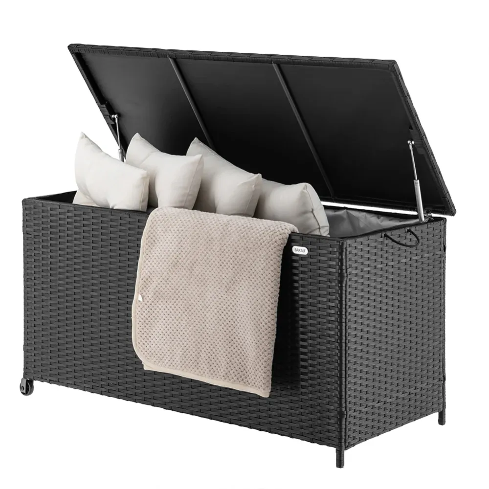 Baule Portaoggetti da Giardino Cassapanca Polyrattan Impermeabile 2 Ruote Nero