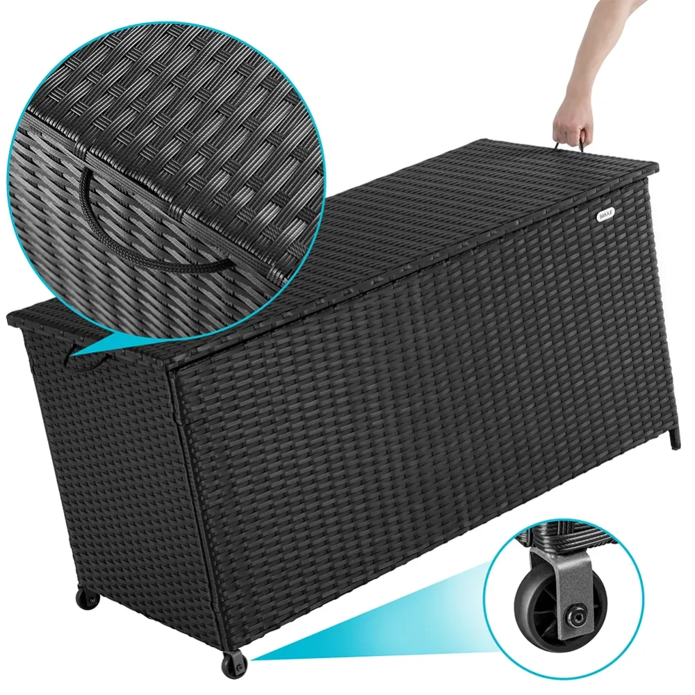 Baule Portaoggetti da Giardino Cassapanca Polyrattan Impermeabile 2 Ruote Nero