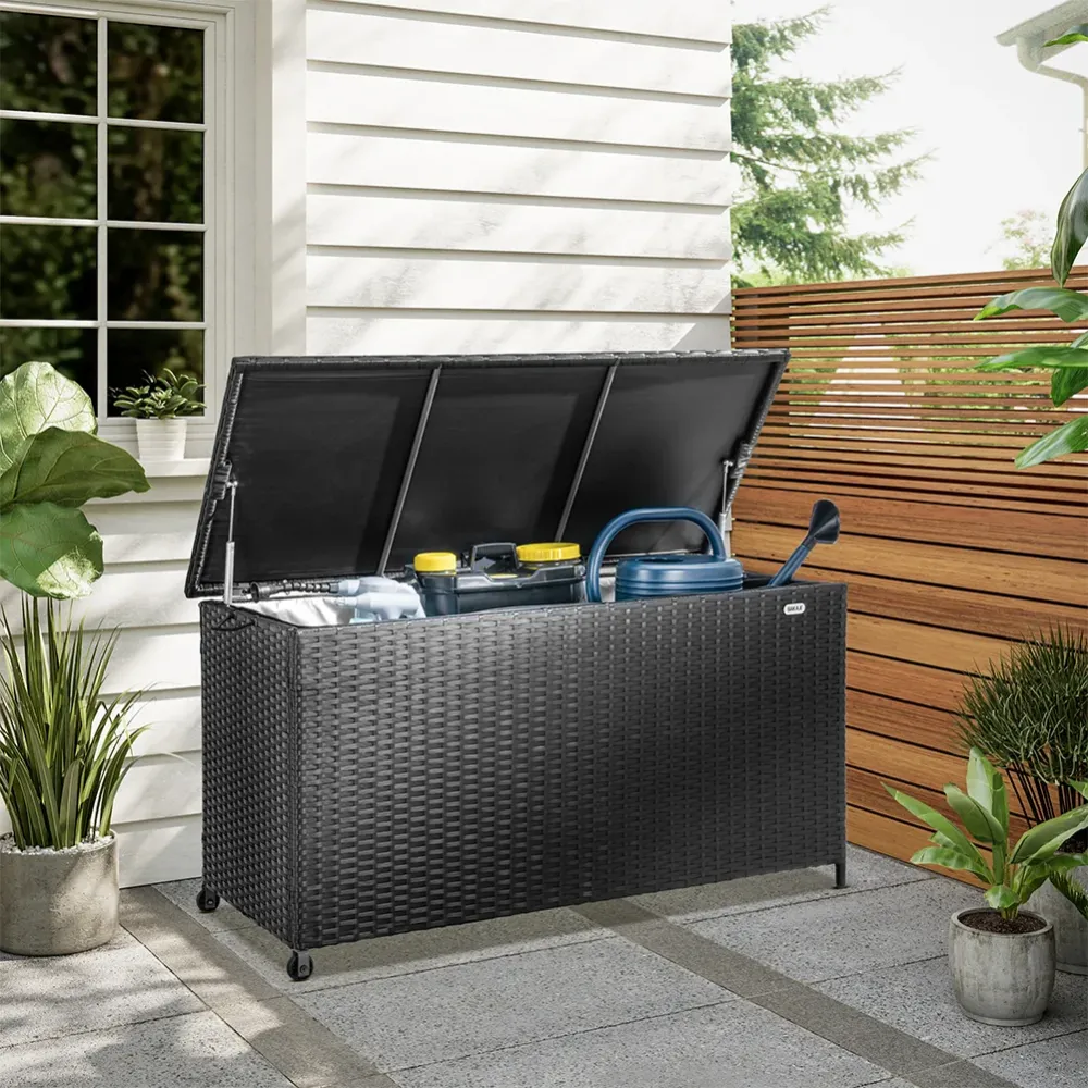 Baule Portaoggetti da Giardino Cassapanca Polyrattan Impermeabile 2 Ruote Nero