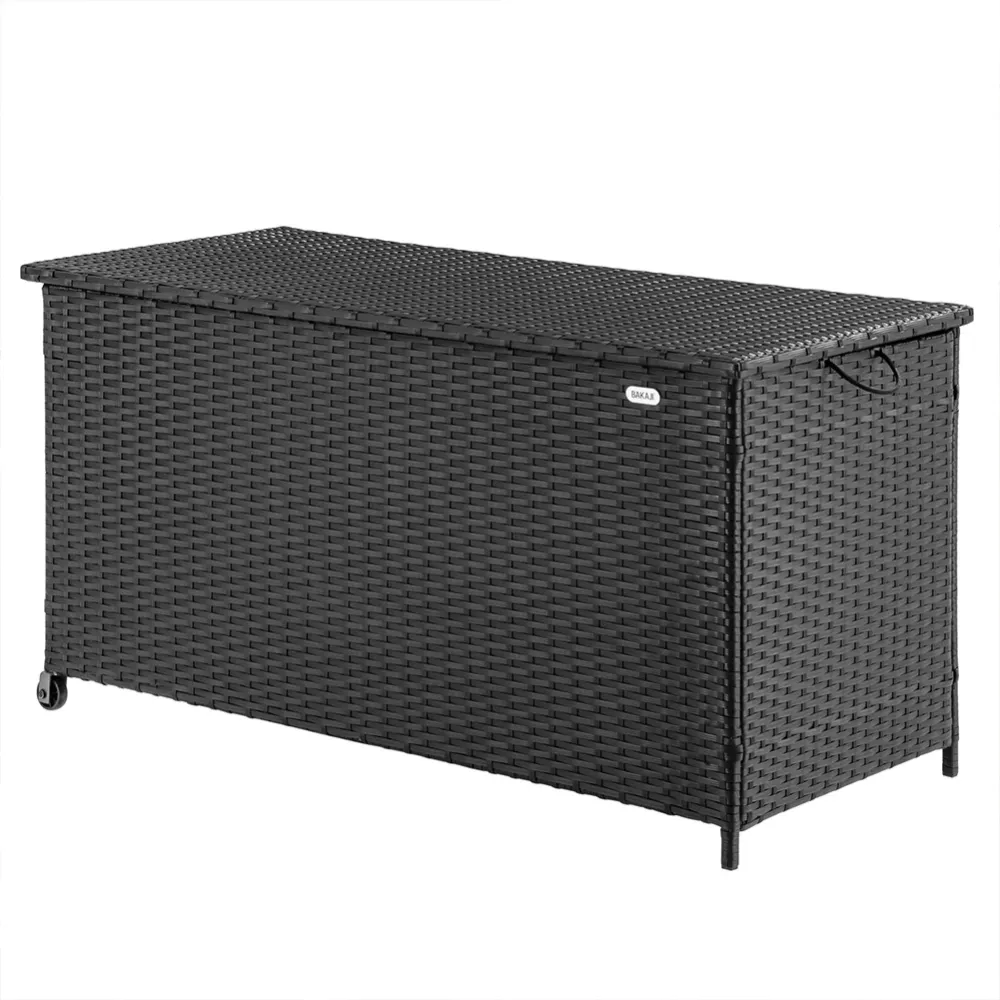 Baule Portaoggetti da Giardino Cassapanca Polyrattan Impermeabile 2 Ruote Nero