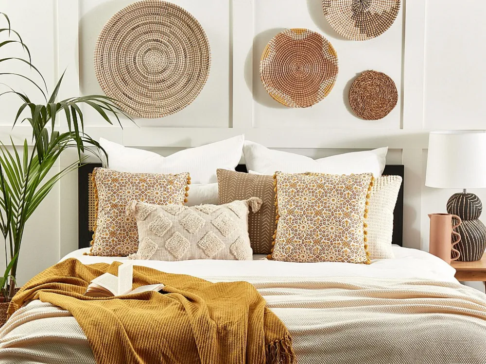 Set di 2 cuscini cotone senape e bianco infangato 45 x 45 cm LYCROIS