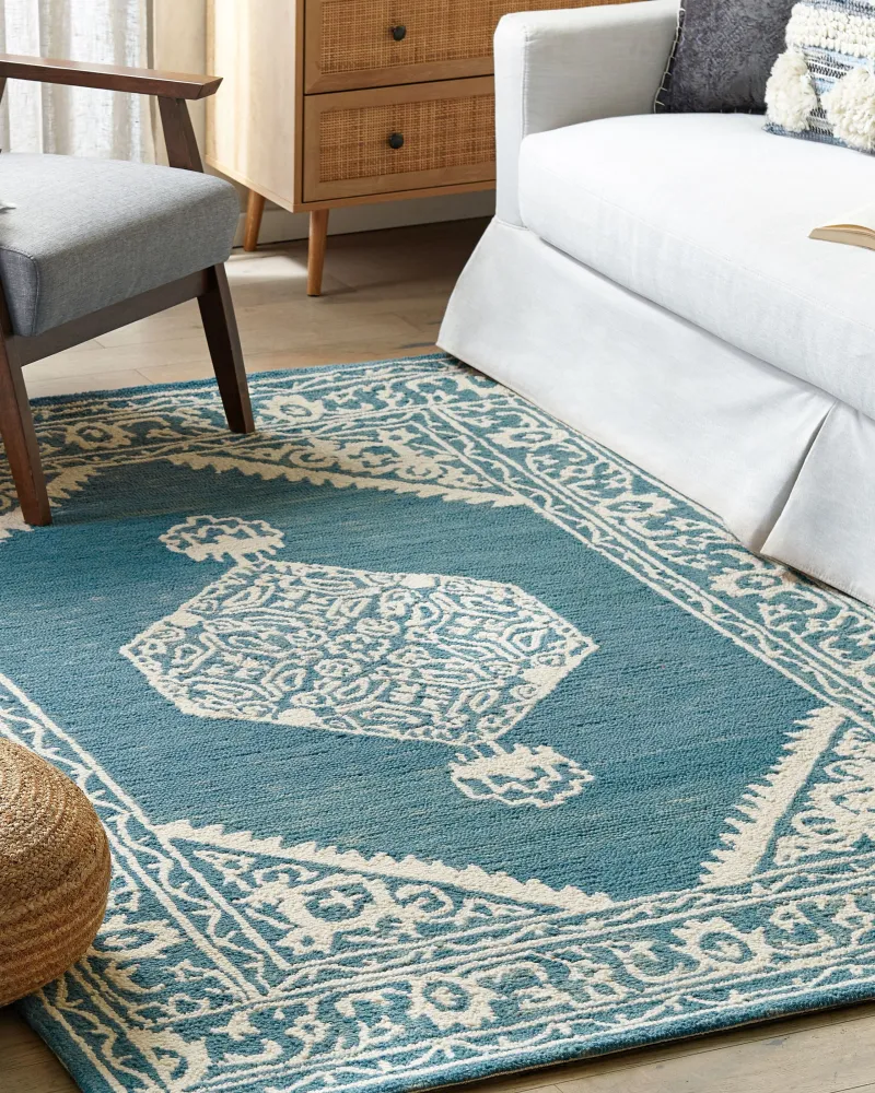 Tappeto lana bianco e blu 160 x 230 cm GEVAS