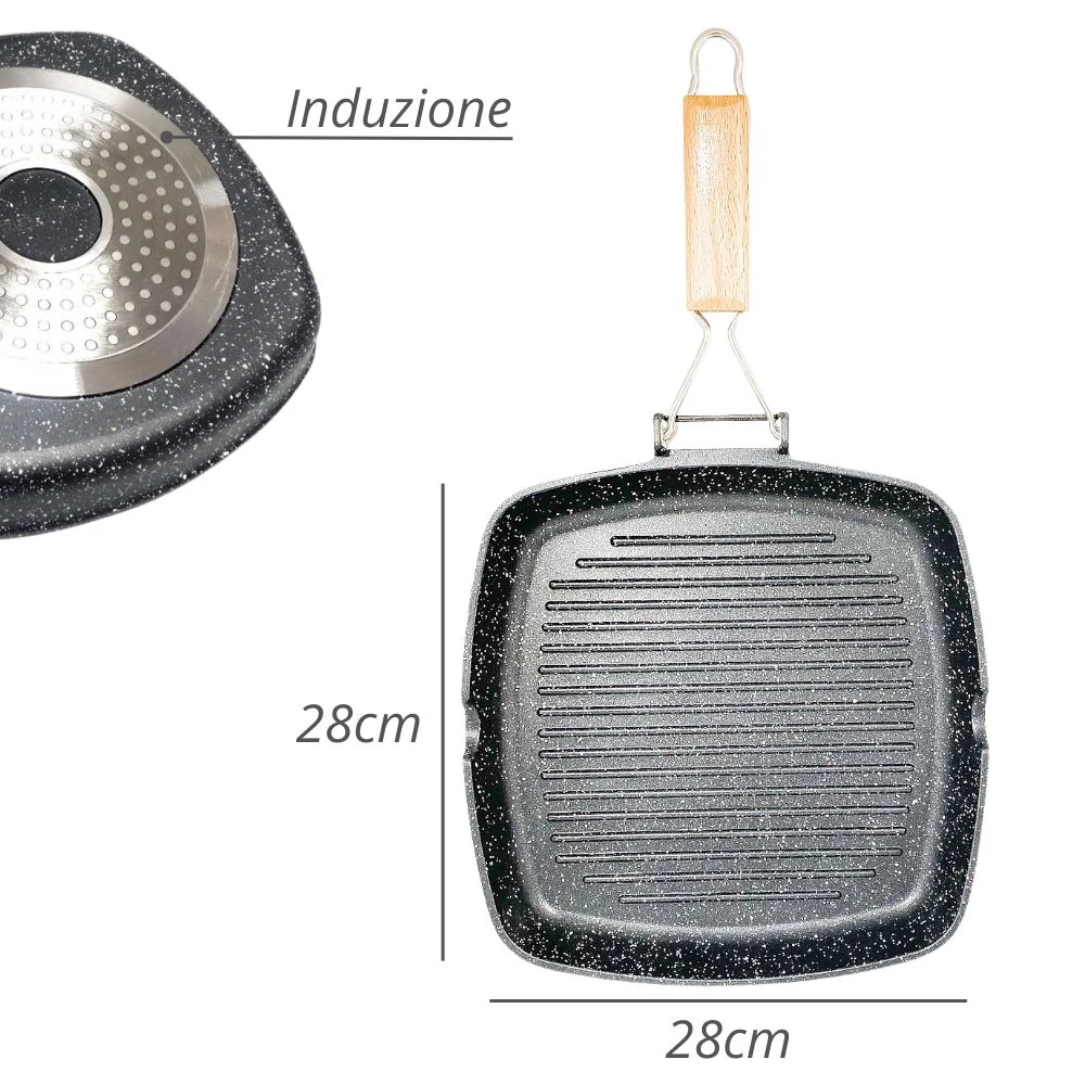 Bistecchiera Antiaderente Induzione - Manico Pieghevole Salvaspazio - 28cm x 28cm