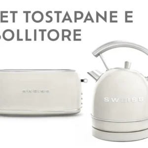Ⓜ️🔵🔵🔵 SWEISS GRV8+KTL8 - Set di tostapane e bollitore elettrico vintage, colore CREMA RETRÒ con dettagli cromati