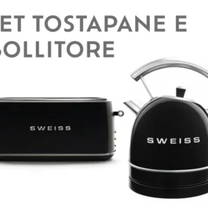 Ⓜ️🔵🔵🔵 SWEISS GRV9+KTL9 - Set di tostapane e bollitore elettrico vintage, colore NERO RETRÒ con dettagli cromati
