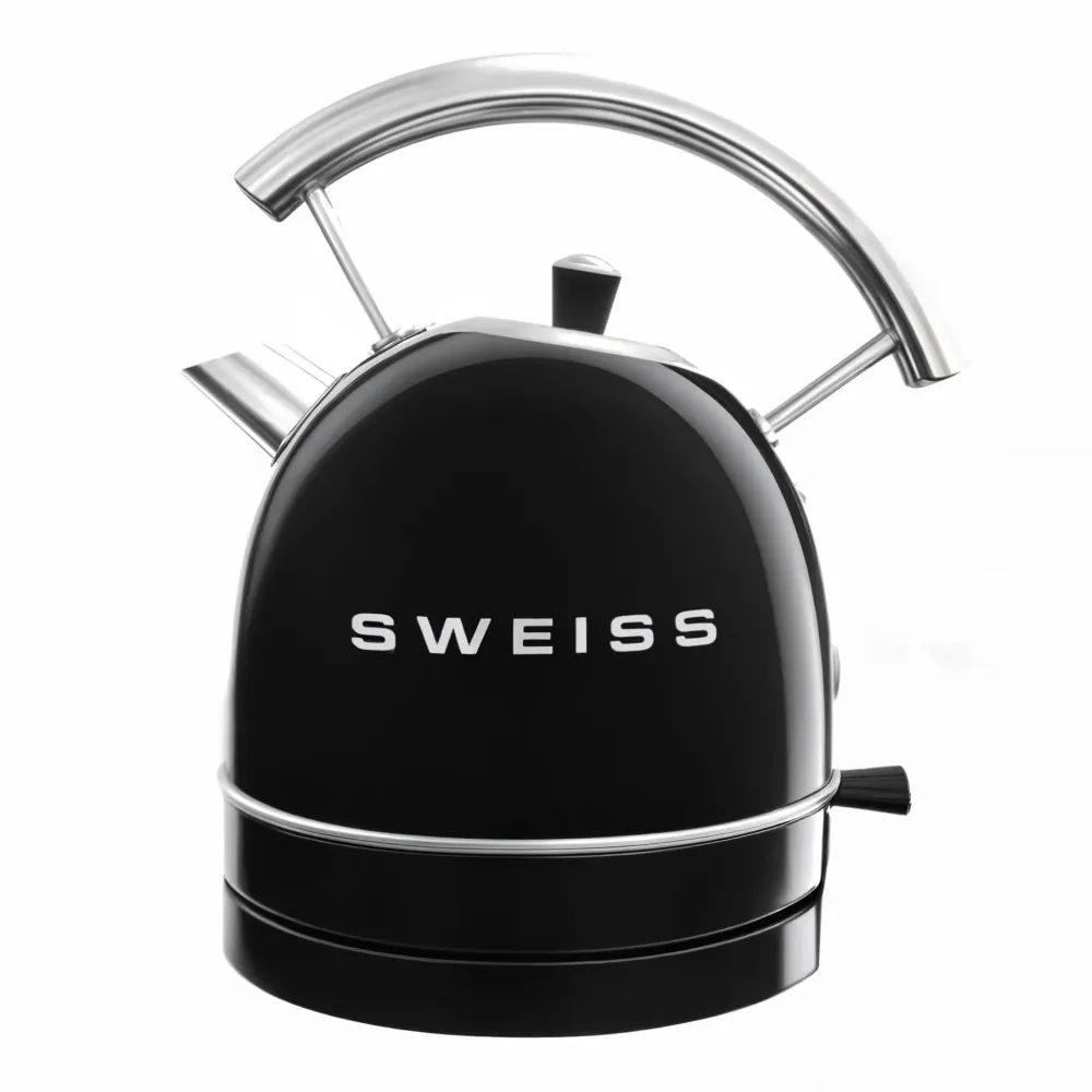 Ⓜ️🔵🔵🔵 SWEISS KTL9 - Bollitore elettrico vintage, 1,8 litri, corpo ACCIAIO INOX, colore NERO RETRÒ con dettagli cromati