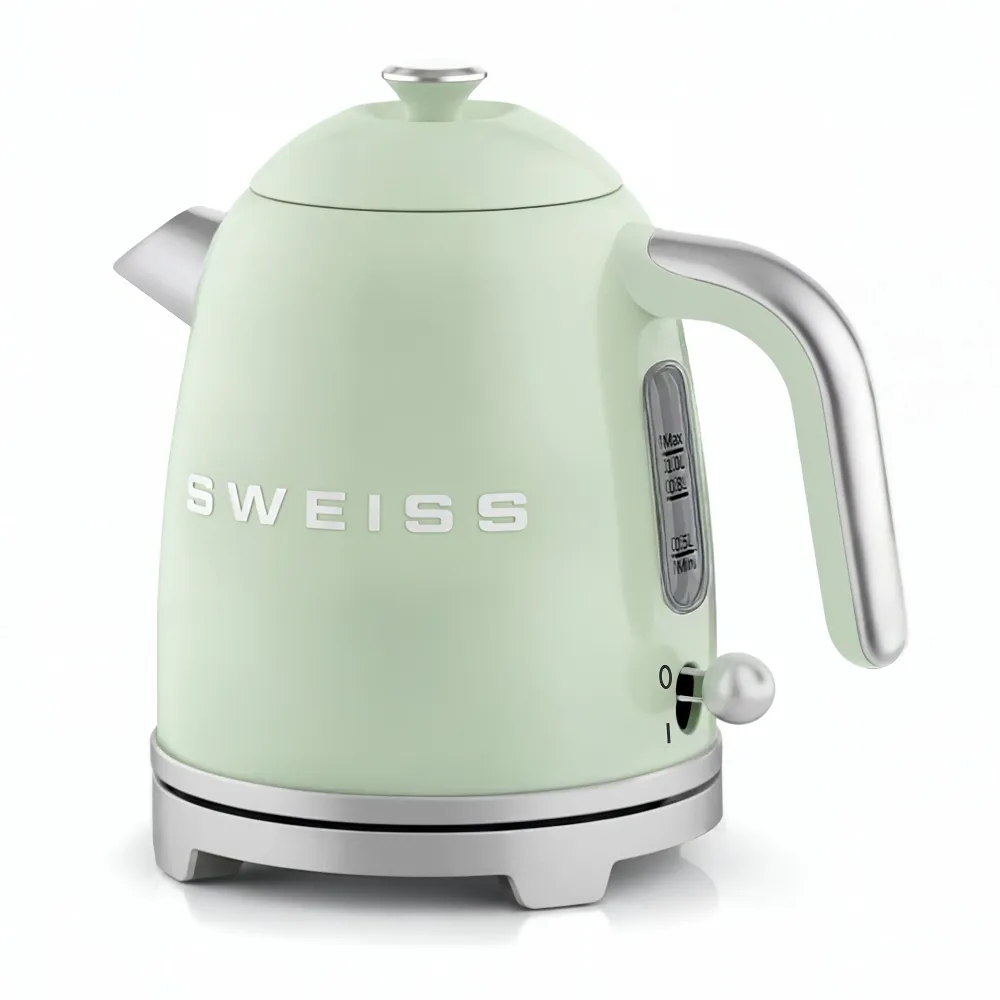 Ⓜ️🔵🔵🔵 SWEISS KTS7 - Bollitore elettrico vintage, 1 litro, corpo ACCIAIO INOX, colore VERDE RETRÒ con dettagli cromati