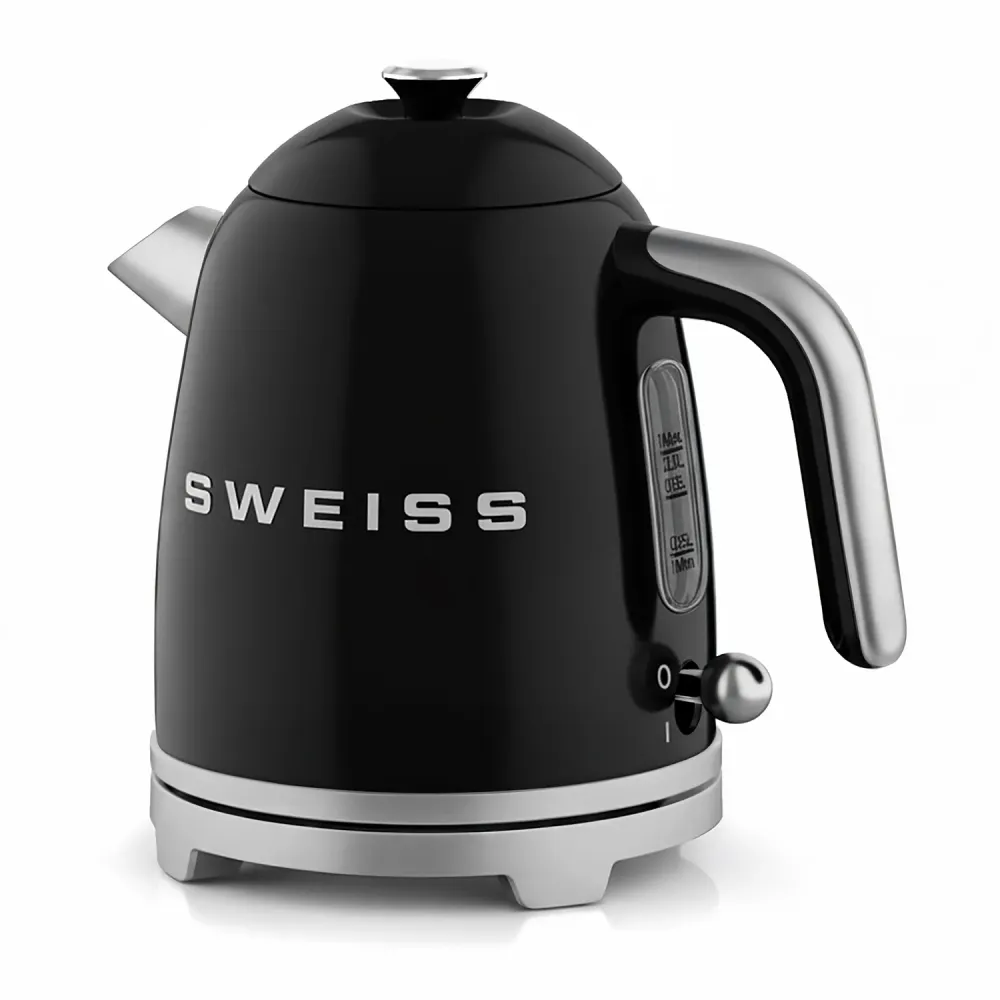 Ⓜ️🔵🔵🔵 SWEISS KTS9 - Bollitore elettrico vintage, 1 litro, corpo ACCIAIO INOX, colore NERO RETRÒ con dettagli cromati
